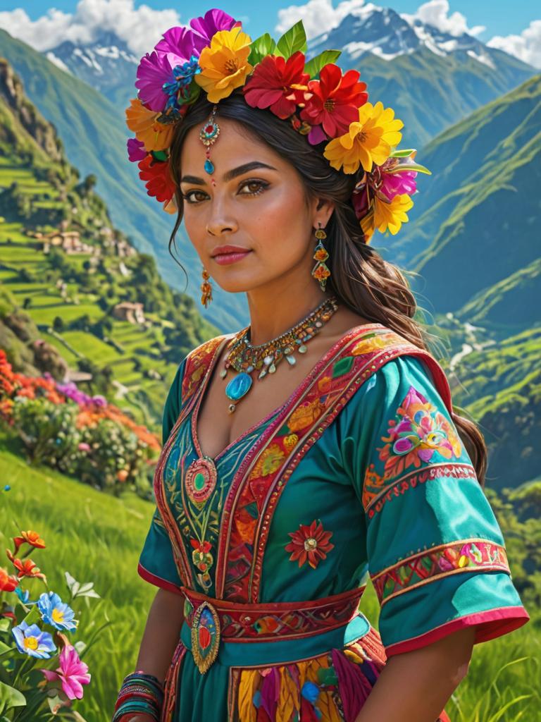 Peruvian Woman in Traditional Attire with Andean Mountains