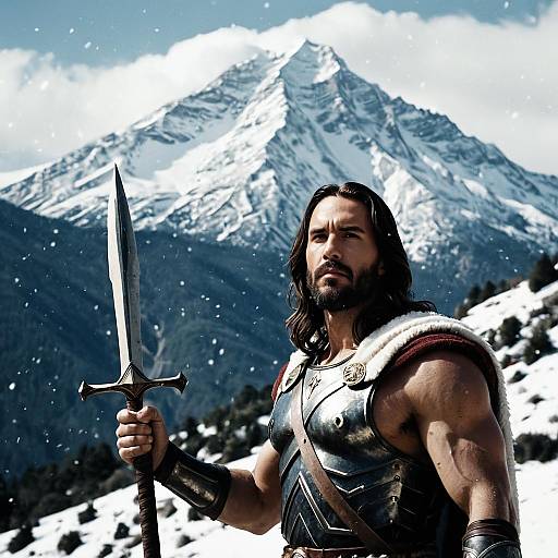 Medieval Warrior Man Holding Sword in Snowy Mountain Landscape