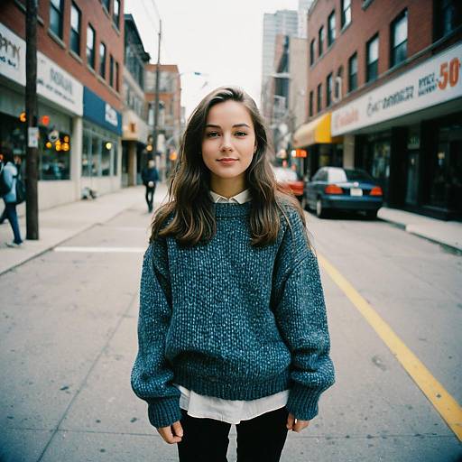 Young Woman in Blue Sweater on Urban Street