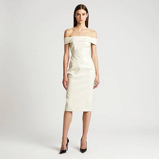 Elegant Woman in Off-the-Shoulder White Midi Dress Pose