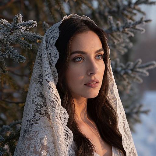 Serene Woman in White Lace Veil with Winter Pine Background