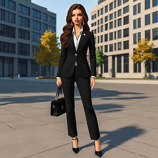 Stylish Woman in Black Business Suit Outdoors in Urban Setting