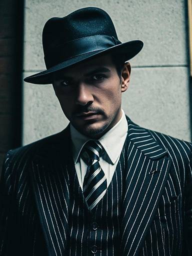 Man in 1920s Gangster Costume with Pinstripe Suit and Fedora Hat Cinematic Portrait