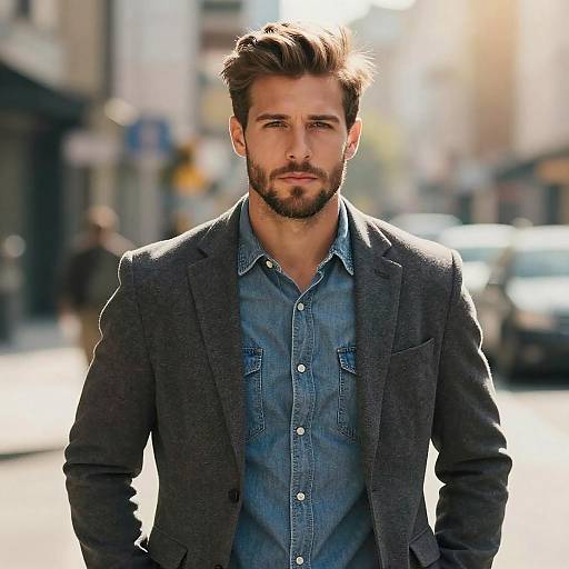 Confident Young Man Wearing Denim Shirt and Gray Blazer in Urban Environment
