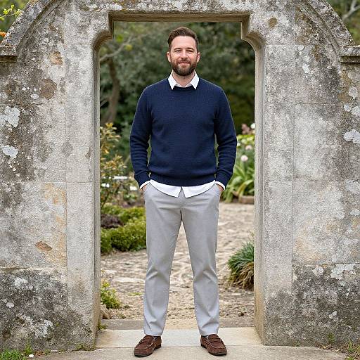 Man in Casual Sweater and Trousers Standing in Stone Archway Garden