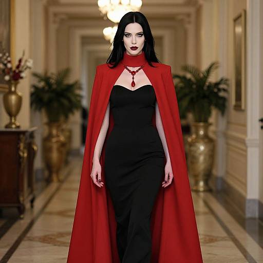 Elegant Woman in Black Dress with Red Cape in Luxurious Hallway