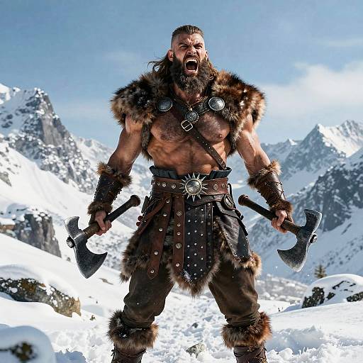 Viking Warrior Man Roaring with Battle Axes in Snowy Mountains
