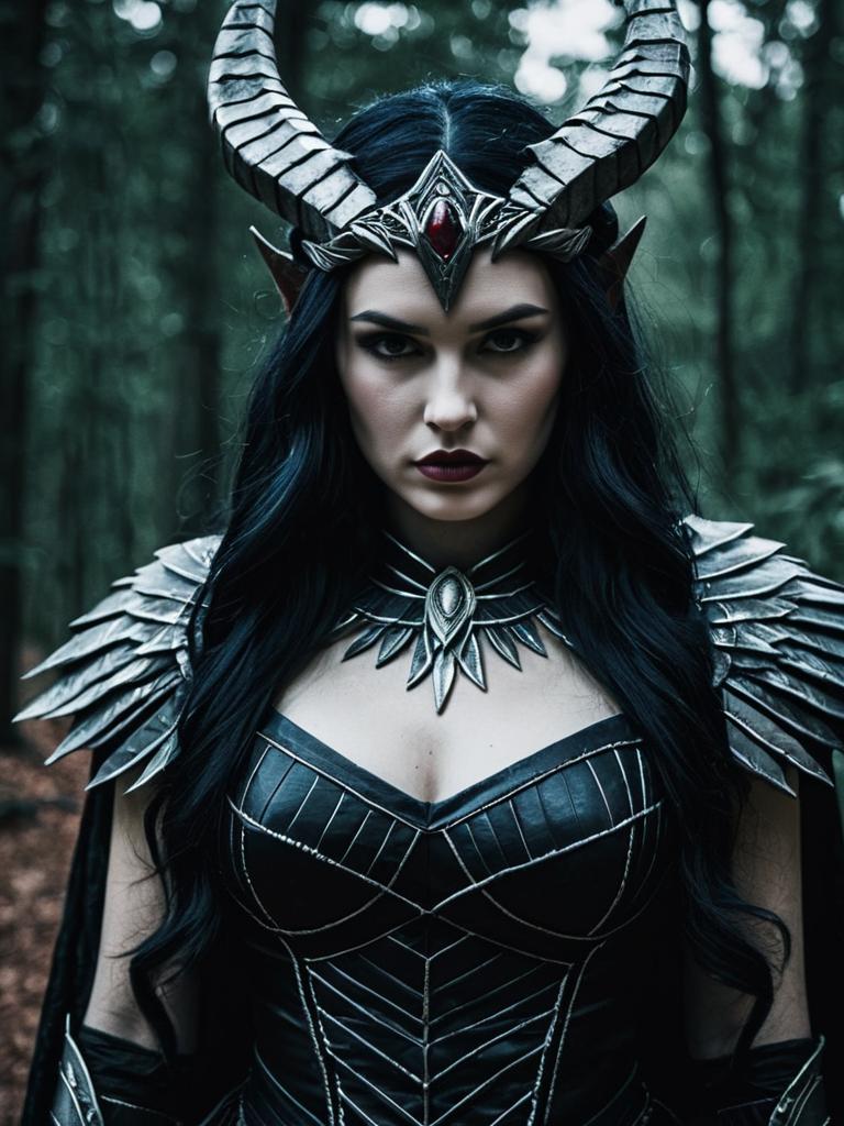 Dark Fantasy Lilith Goddess Woman Cosplay with Horned Crown and Armor