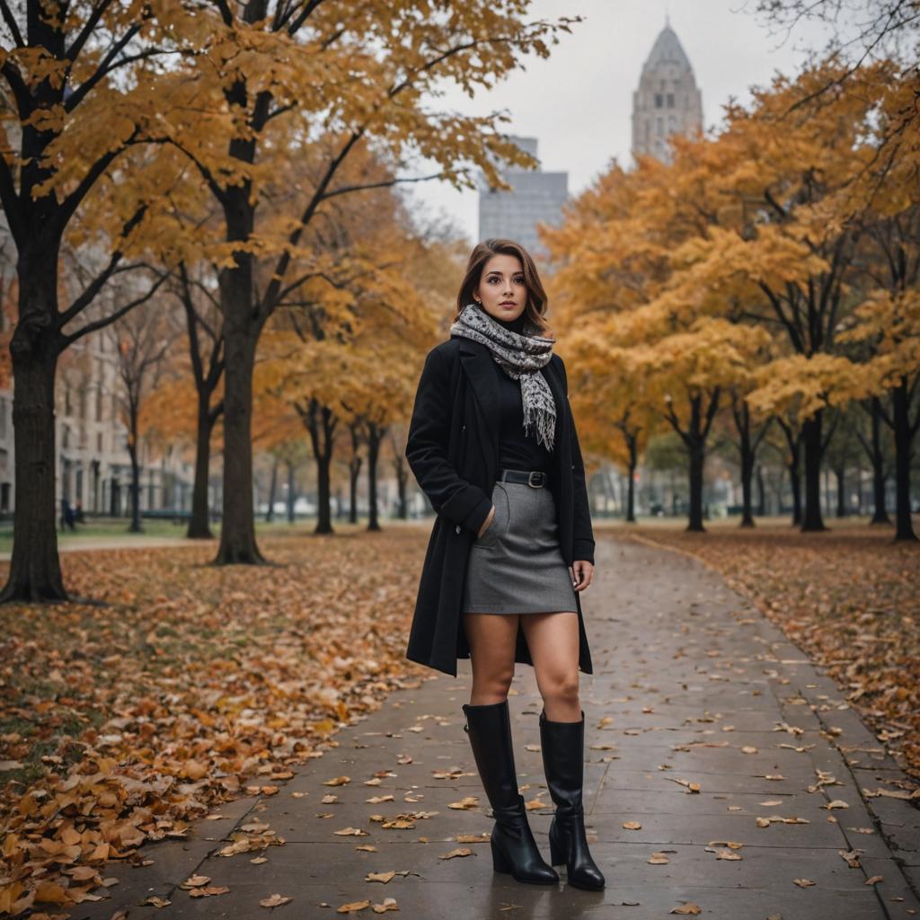 Woman in Gray Skirt and Black Coat Among Autumn Leaves