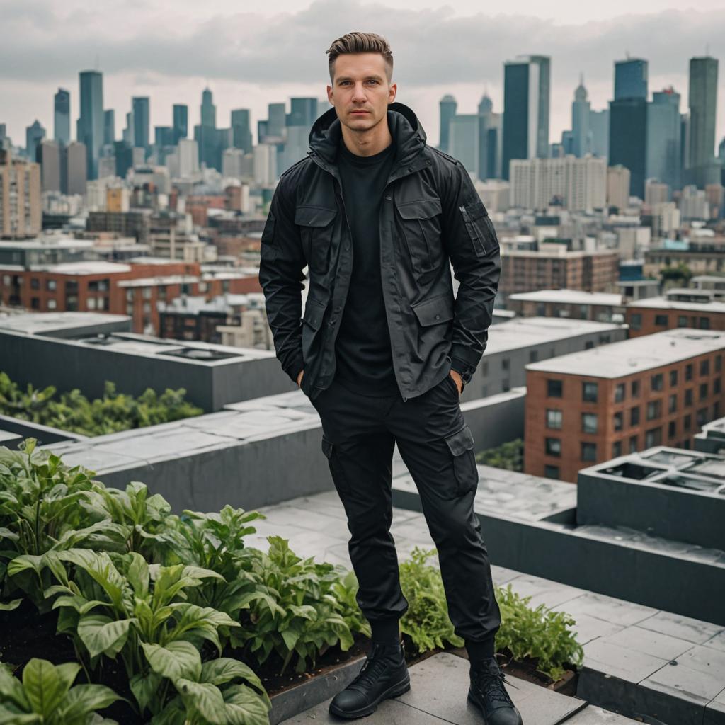 Confident man on rooftop with urban skyline