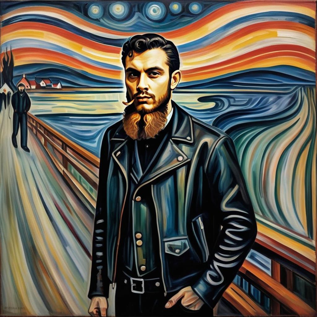 Confident Man in Black Leather Jacket on Wooden Pier Confident Man in Black Leather Jacket on Wooden Pier