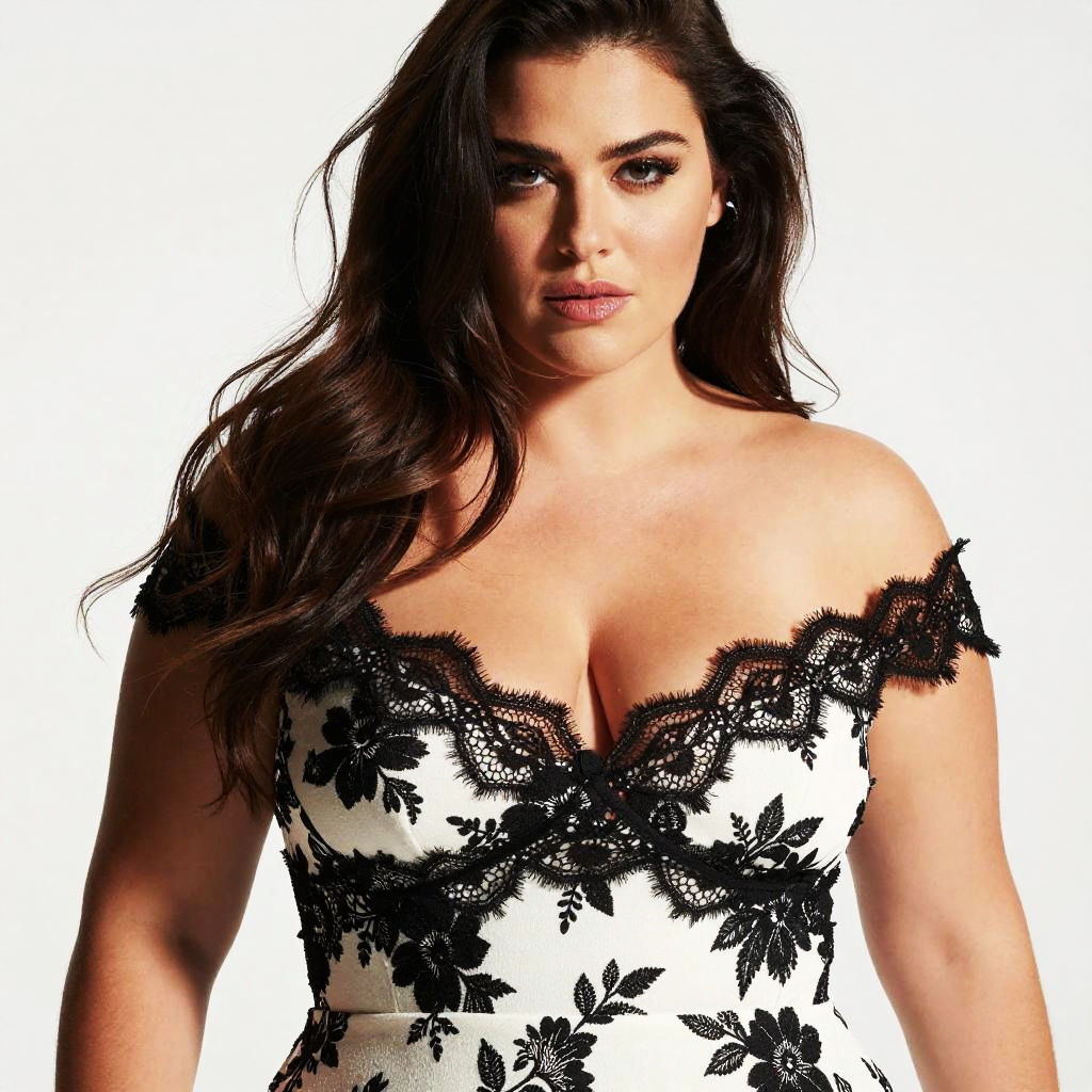 Stylish Woman in Black Lace Floral Off-Shoulder Dress