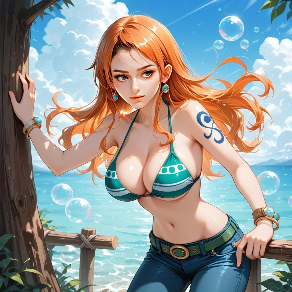 Anime Style Red-Haired Woman in Teal Bikini at Seaside with Bubbles