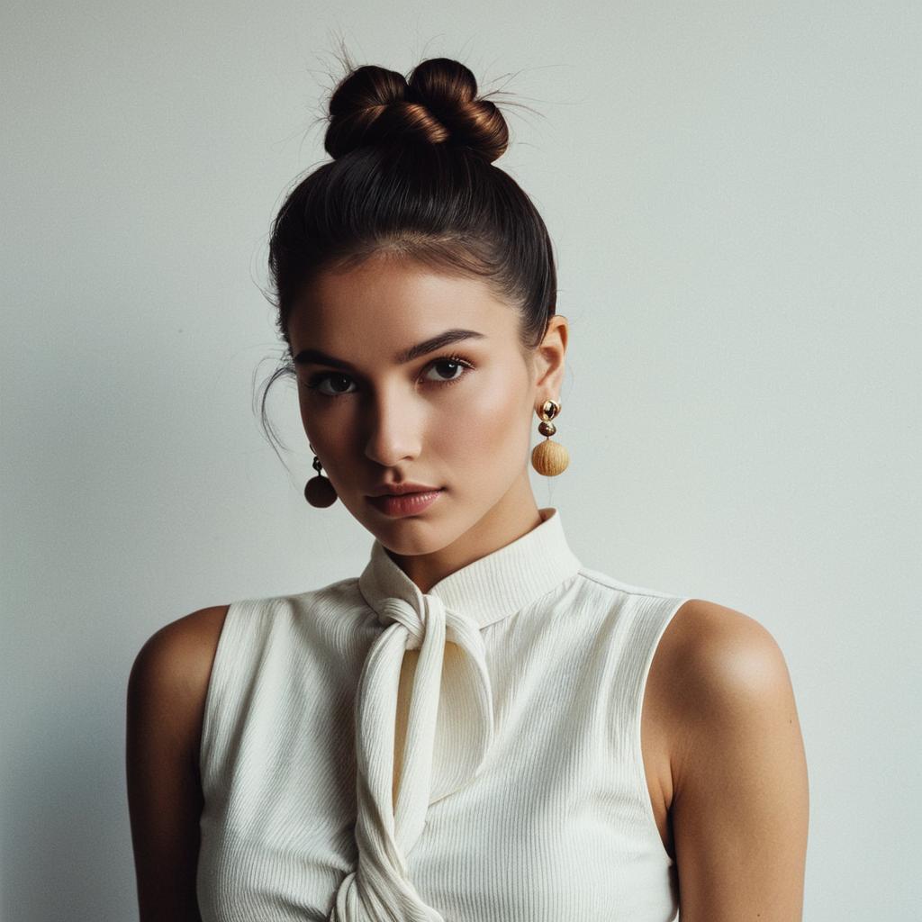 Elegant Young Woman with Braided Bun and Wooden Earrings in White Top