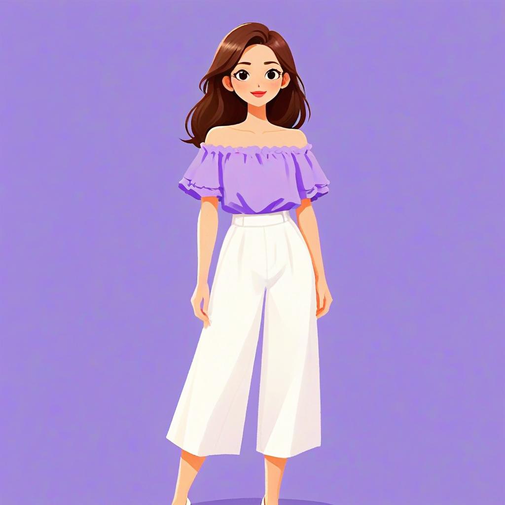 Stylish Woman in Off-the-Shoulder Lavender Top and White Wide-Leg Pants Illustration