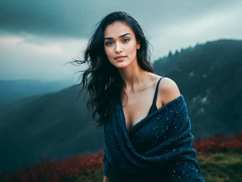 Serene Woman in Dramatic Mountains