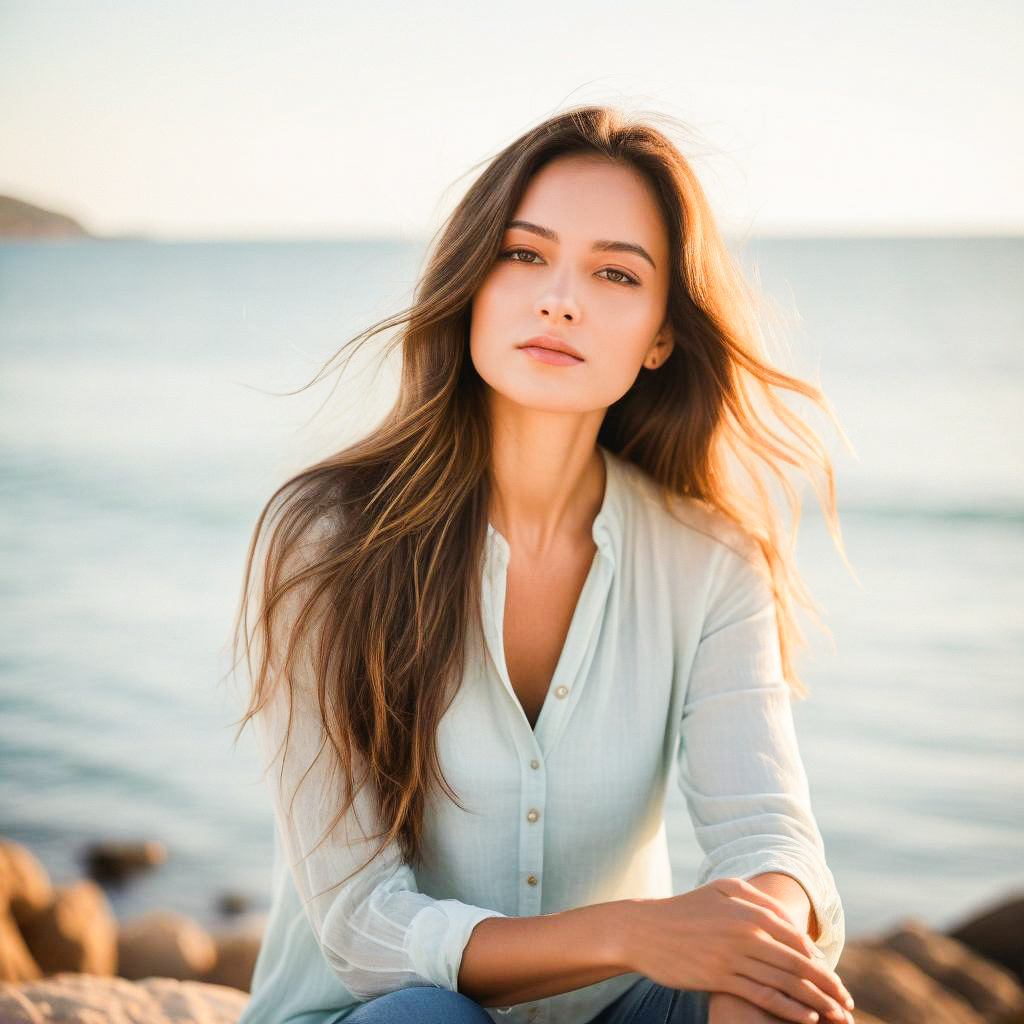Serene Young Woman by the Seaside at Golden Hour