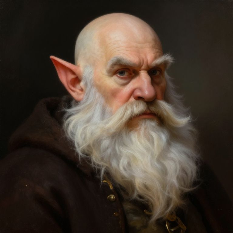Elderly Elf Man with White Beard in Classical Painting Style