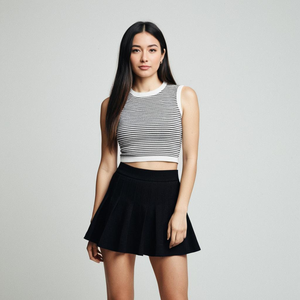 Woman Wearing Modern Minimalist Sleeveless Ribbed Crop Top with Black Pleated Mini Skirt