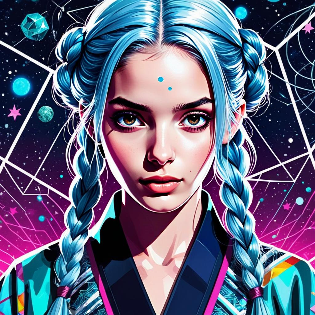 Vibrant Digital Portrait of Woman with Blue Braided Hair and Cosmic Background
