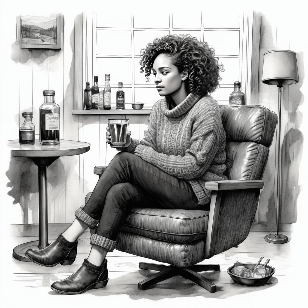 Thoughtful Woman in Sweater - Black and White Illustration
