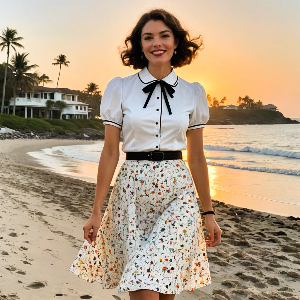 Cheerful woman on beach at sunset