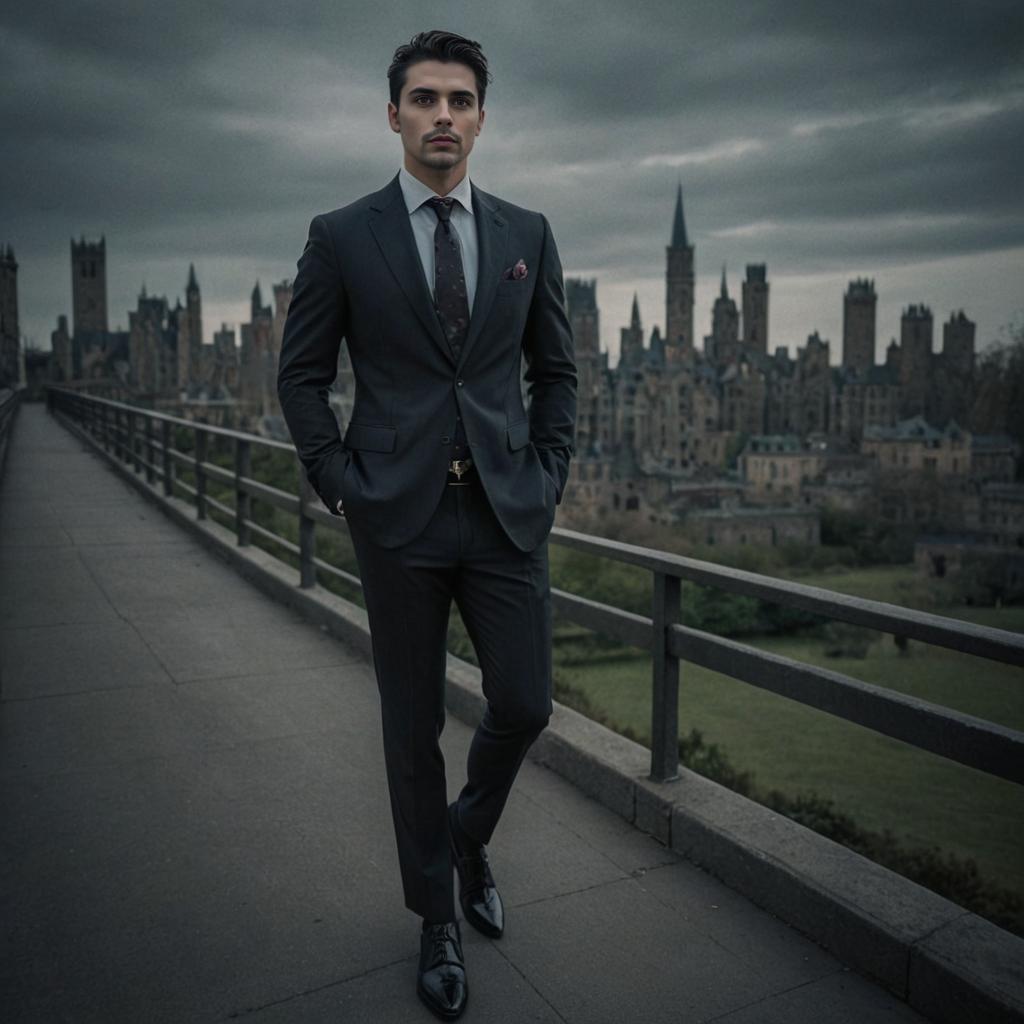 Man in Stylish Suit on Balcony with Dramatic Cityscape