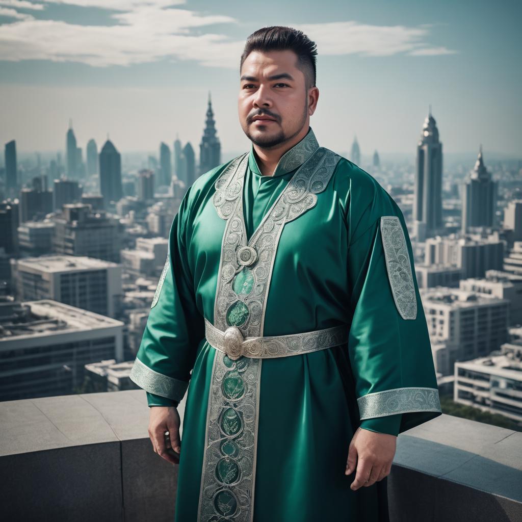 Man in Traditional Green Embroidered Robe with Urban Cityscape Background