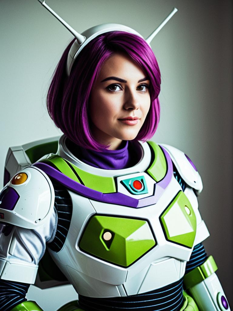 Woman in Photorealistic Buzz Lightyear Costume Colorful Cosplay Portrait