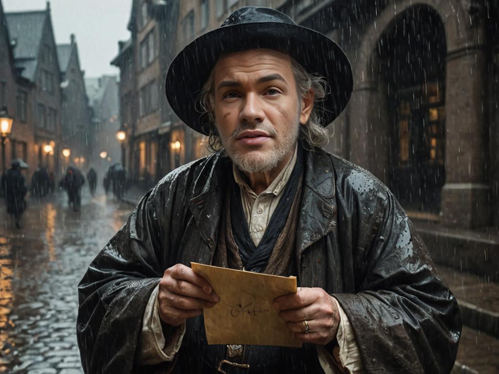 Old Man with Letter in Rainy Street