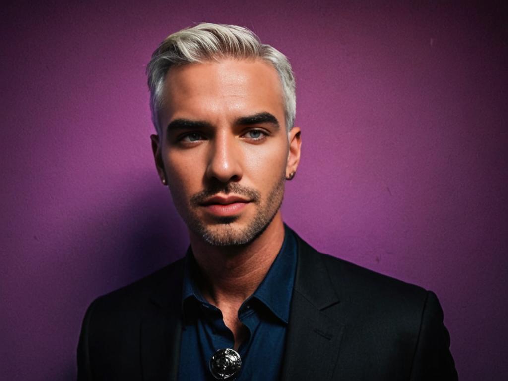 Playful Man with Silver Hair Against Pink Backdrop