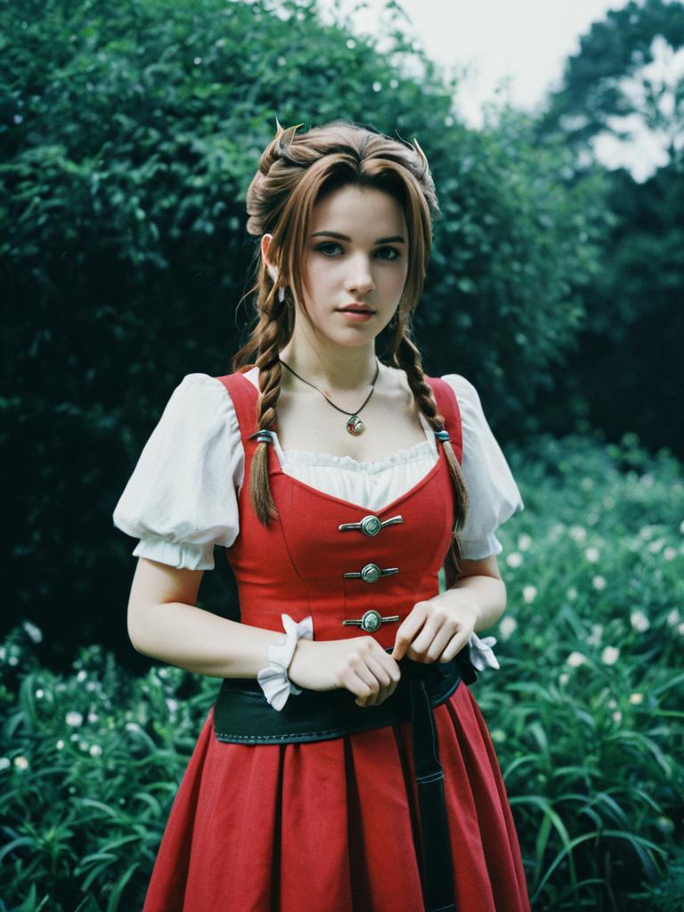 Woman in Aerith Cosplay Costume Cinematic Portrait Woman in Aerith Cosplay Costume Cinematic Portrait