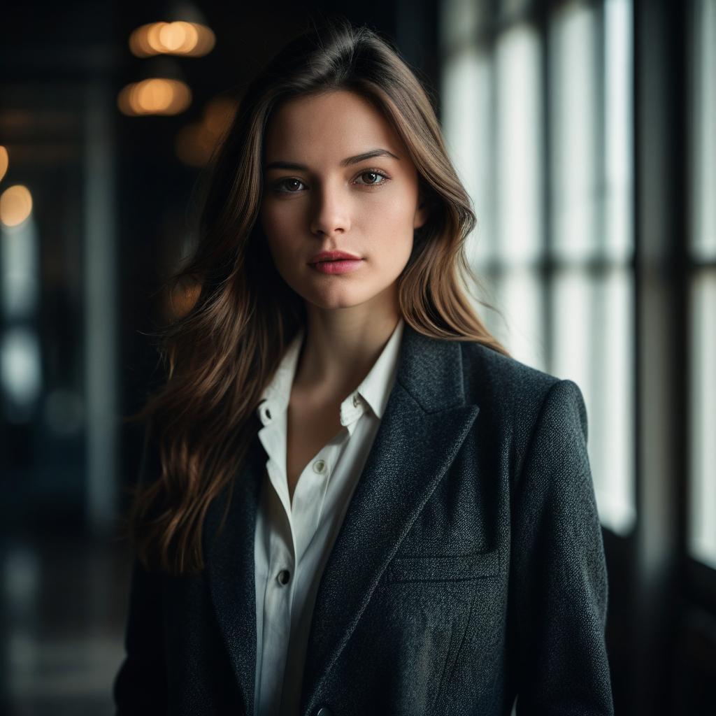 Professional Portrait of Young Woman in Blazer with Soft Indoor Lighting