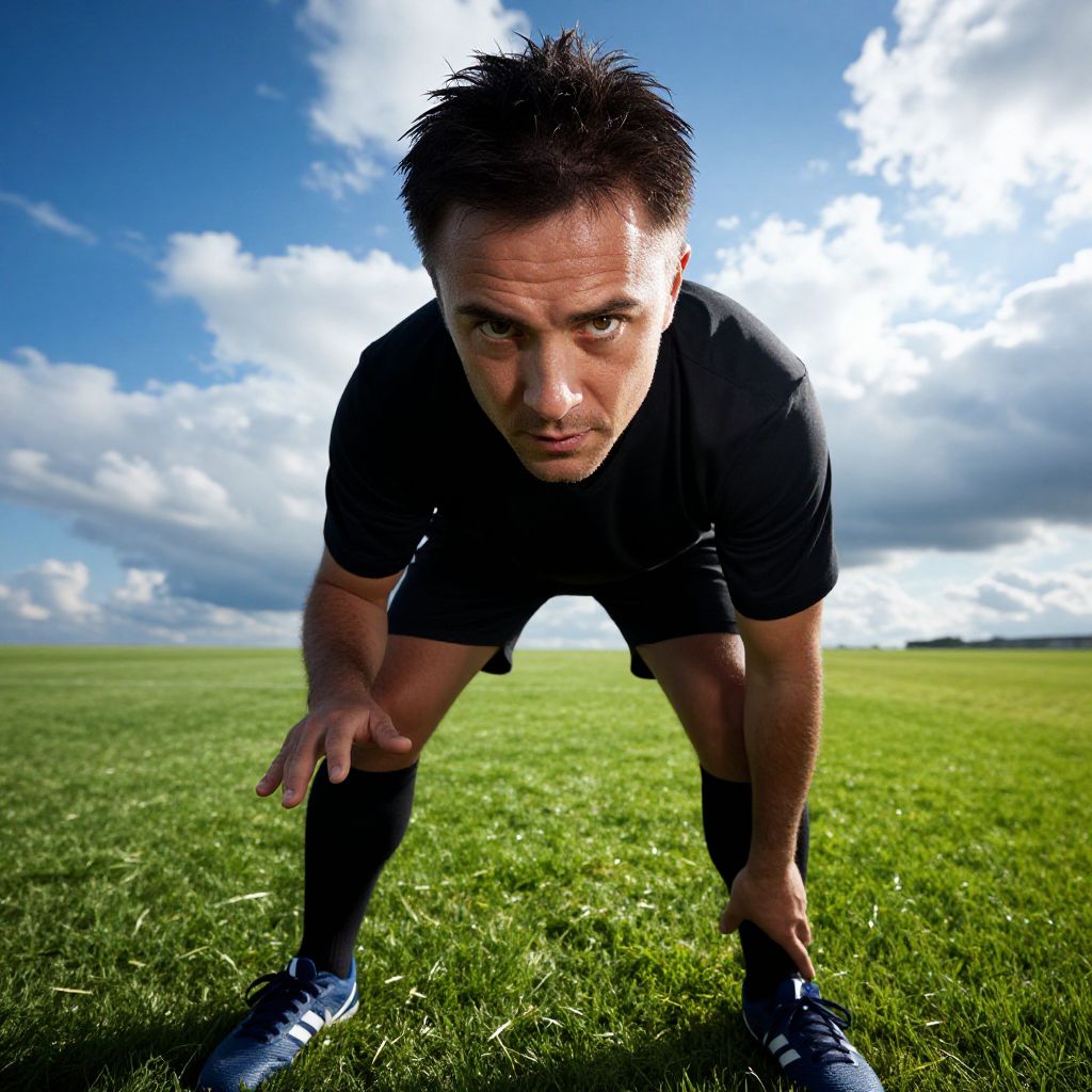 Determined Athlete Positioned on Grassy Field Preparing for Sport