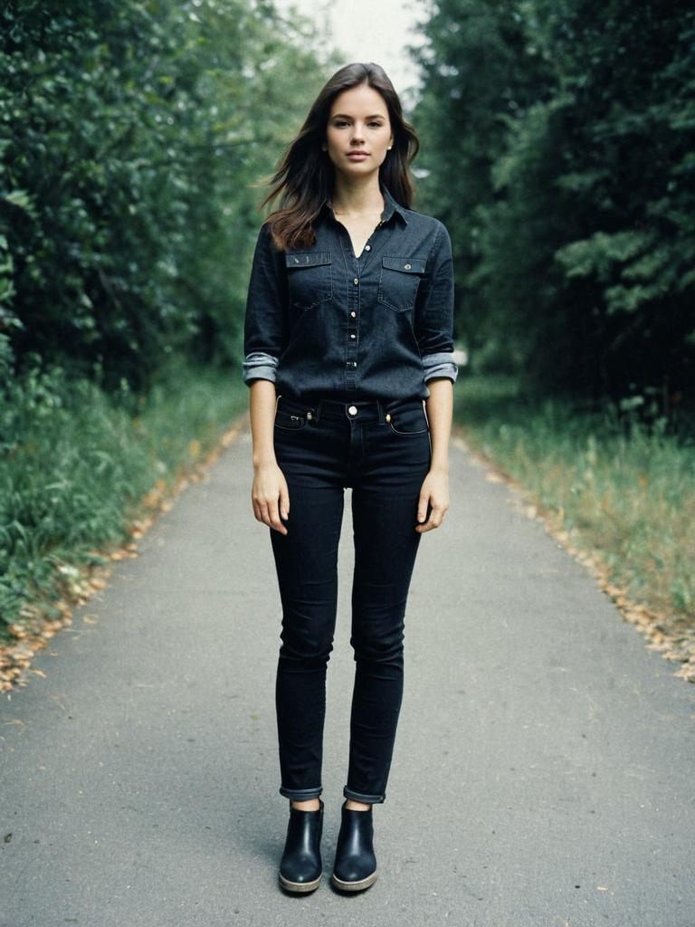 Woman in Black Jeans and Shirt Outfit Full Body Fashion Outdoor Photo