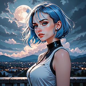 Young Woman with Blue Hair Under Full Moon