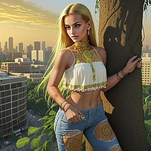 Young Woman in Urban Sunset with Golden Jeans