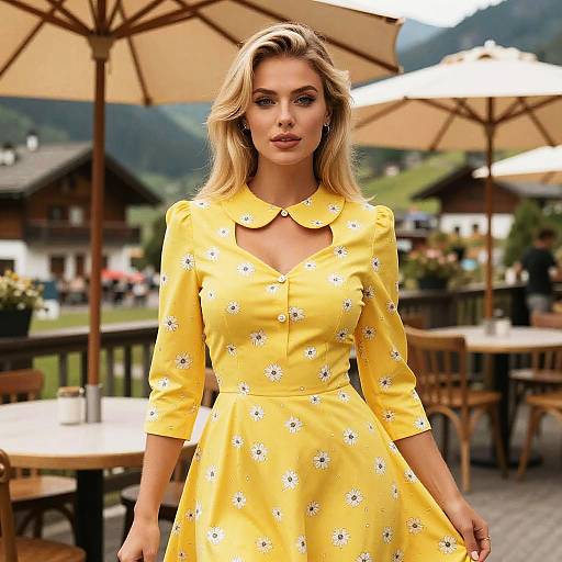 Retro-Inspired Yellow Dress with White Daisy Print on Woman in Outdoor Café