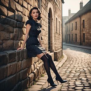 Elegant Woman in Vintage Polka Dot Dress on Cobblestone Street