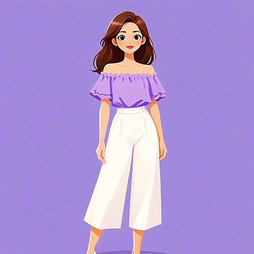 Stylish Woman in Off-the-Shoulder Lavender Top and White Wide-Leg Pants Illustration