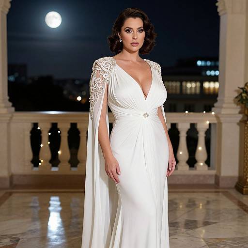 Elegant Woman in White Evening Gown on Balcony Under Full Moon