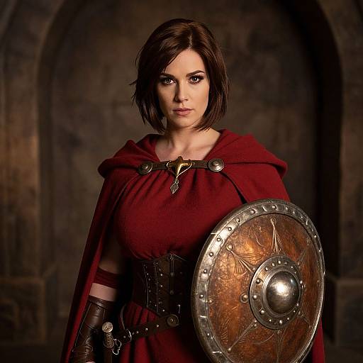 Medieval Warrior Woman with Red Cloak and Shield