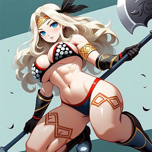 Anime Warrior Woman with Axe and Tattooed Armor