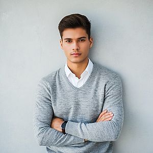 Confident Young Man in Light Gray Sweater