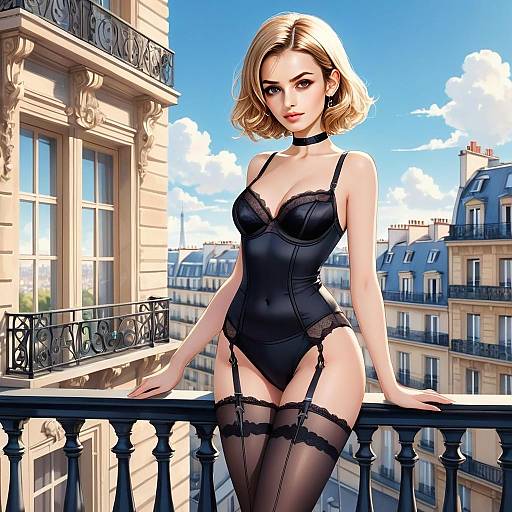 Stylish Woman in Black Lingerie on Paris Balcony Digital Art
