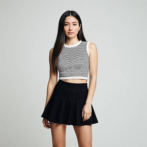 Woman Wearing Modern Minimalist Sleeveless Ribbed Crop Top with Black Pleated Mini Skirt
