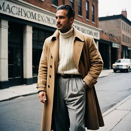 Stylish Man Wearing Camel Trench Coat and Cable-Knit Sweater on City Street