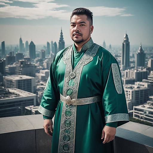 Man in Traditional Green Embroidered Robe with Urban Cityscape Background