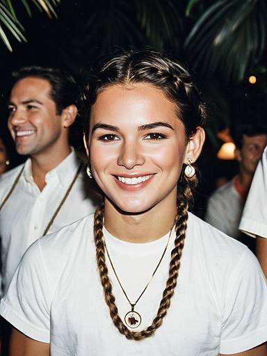 Smiling Woman at Gilligan's Island Theme Party Wearing Jewelry and White Shirt