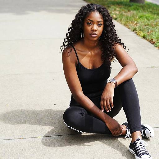 Confident Woman in Black Athletic Wear Sitting Outdoors on Sidewalk
